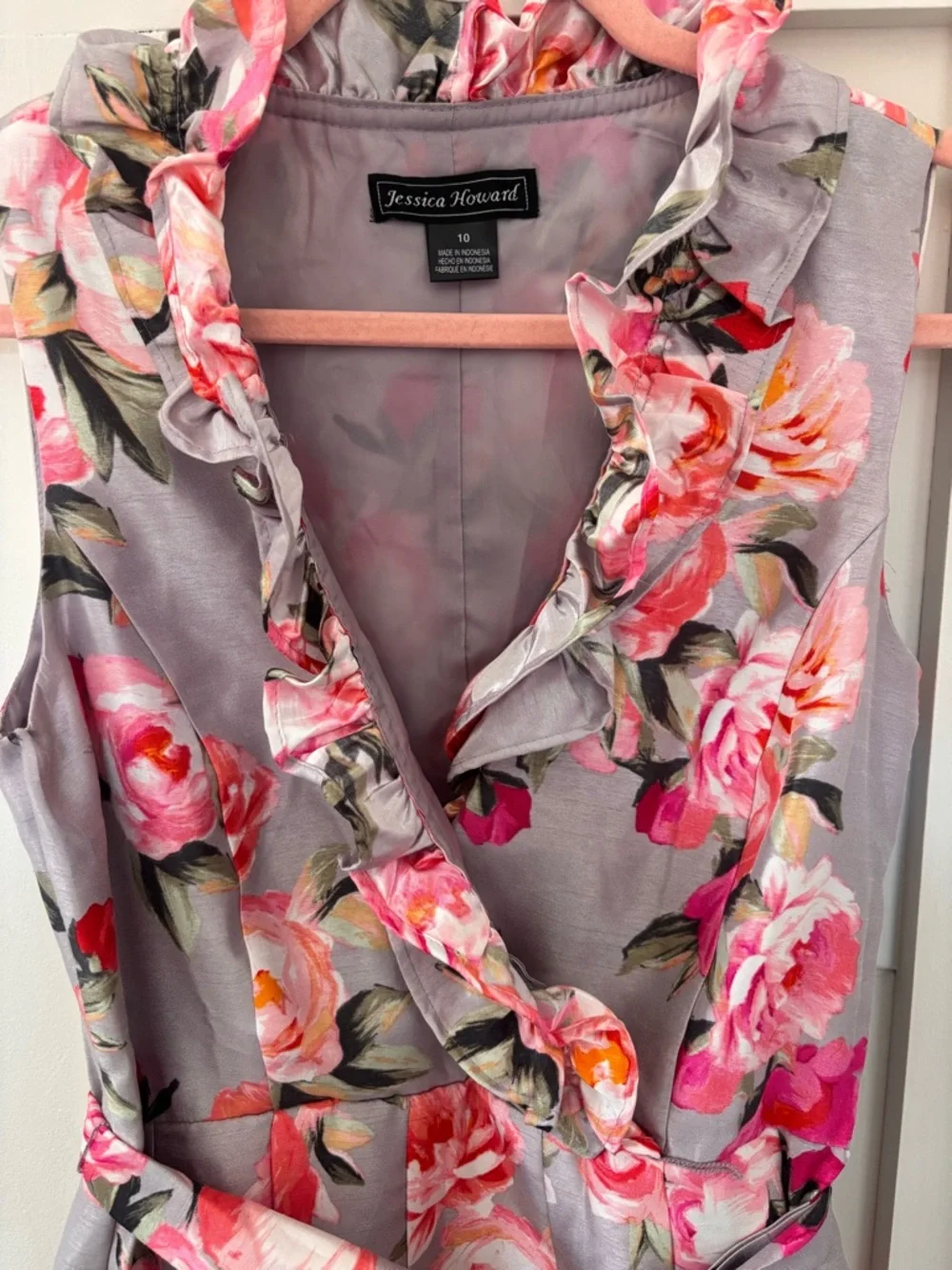 Jessica Howard Gray Floral Ruffle Wrap Midi Dress with Pink Blooms - Picture 4 of 6